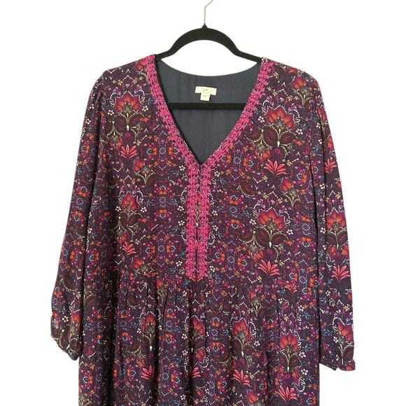 J. Jill East Village Dress L Purple Paisley Print Boho Peasant V-Neck 3/4 Sleeve - Picture 2 of 13